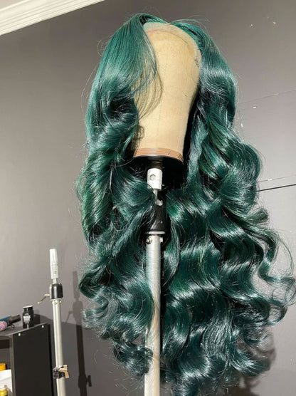 Customized Emerald Green Color Lace Frontal Wig Pre Plucked Human Hair