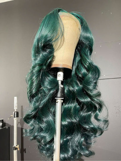 Customized Emerald Green Color Lace Frontal Wig Pre Plucked Human Hair