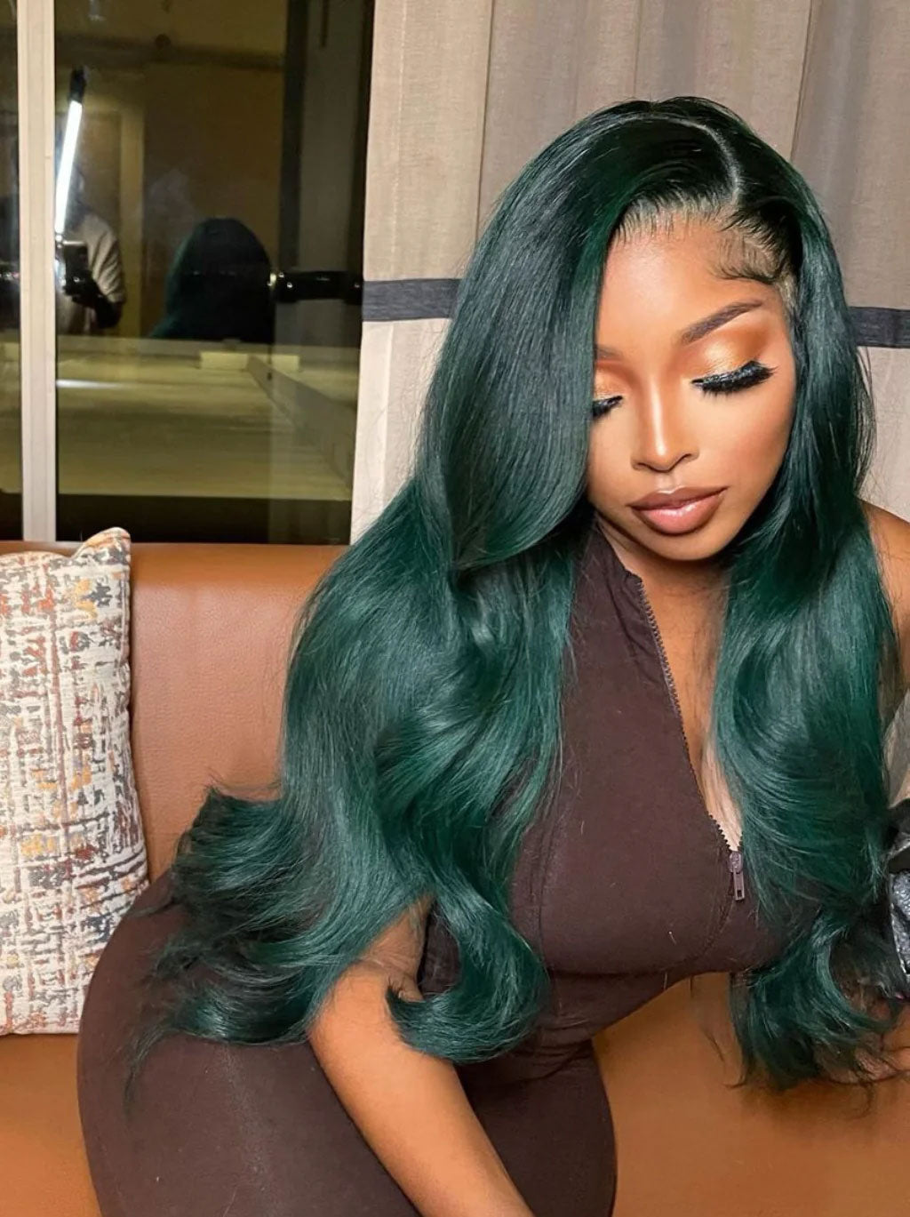 Customized Emerald Green Color Lace Frontal Wig Pre Plucked Human Hair