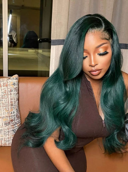 Customized Emerald Green Color Lace Frontal Wig Pre Plucked Human Hair