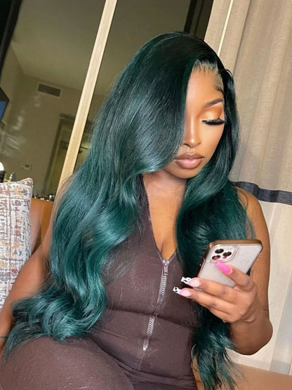 Customized Emerald Green Color Lace Frontal Wig Pre Plucked Human Hair