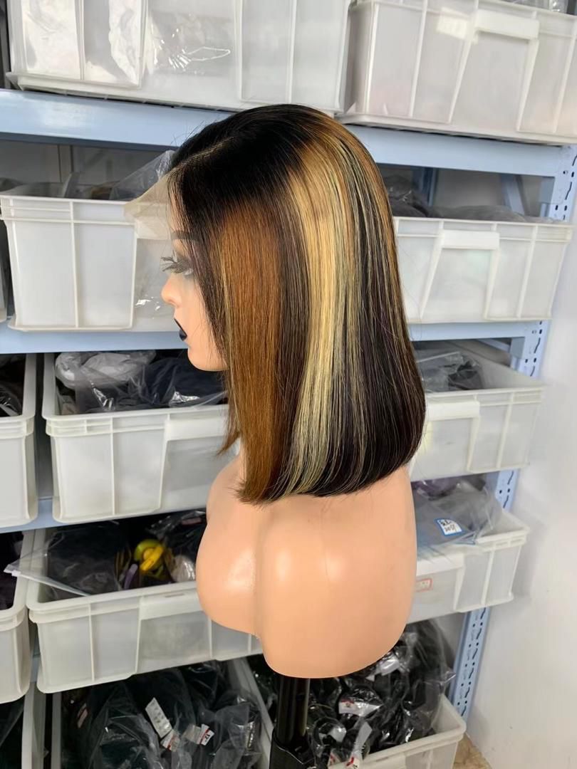 Customized Lace Frontal Wig Short Bob Side Part Ombre Highlight Color