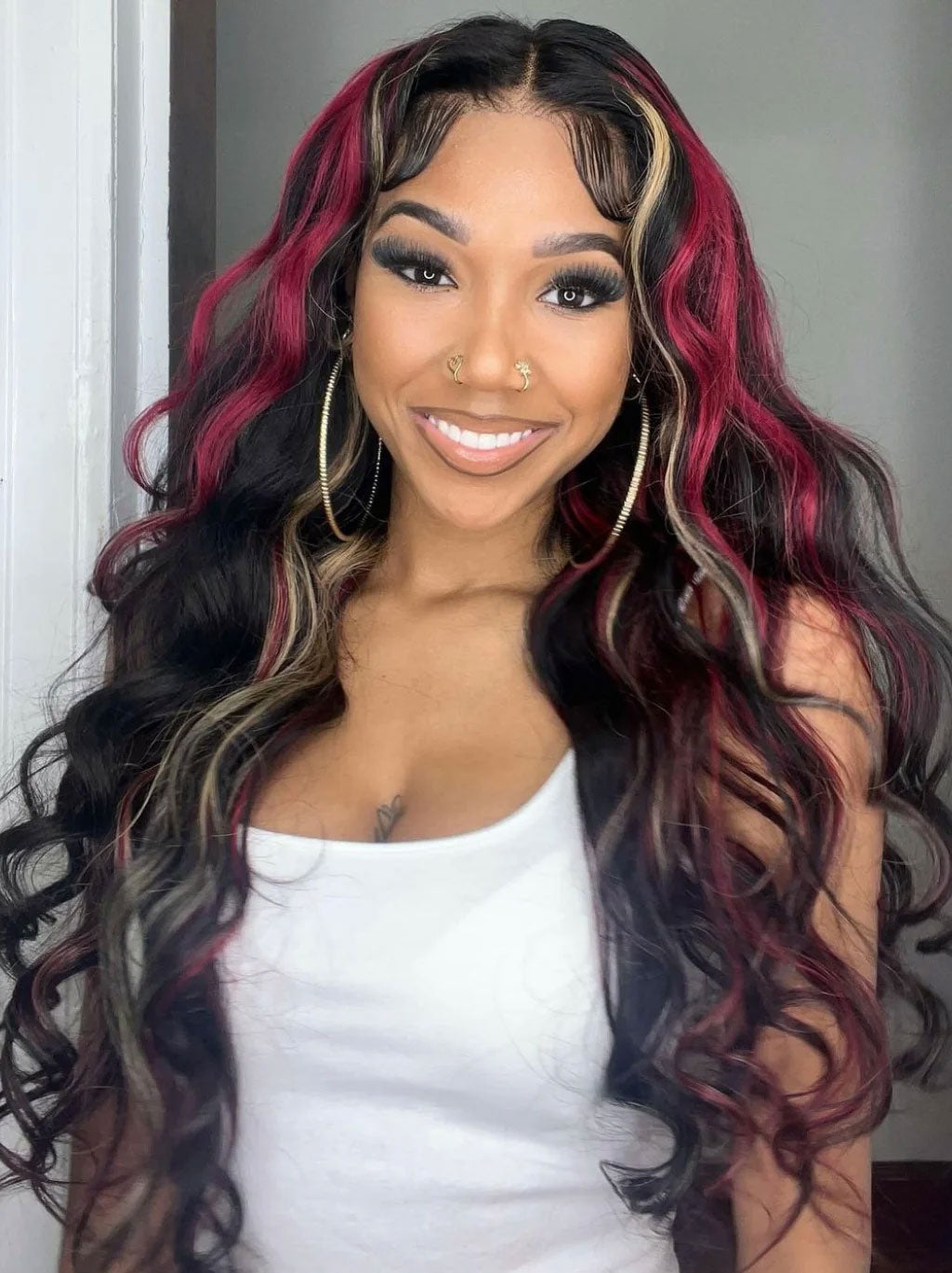 Customized Money Piece Blonde Hair Black Browan and Red Highlight Lace Frontal Wig Human Hair