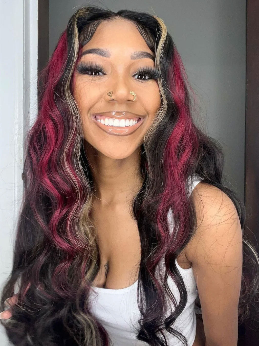Customized Money Piece Blonde Hair Black Browan and Red Highlight Lace Frontal Wig Human Hair