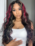 Customized Money Piece Blonde Hair Black Browan and Red Highlight Lace Frontal Wig Human Hair