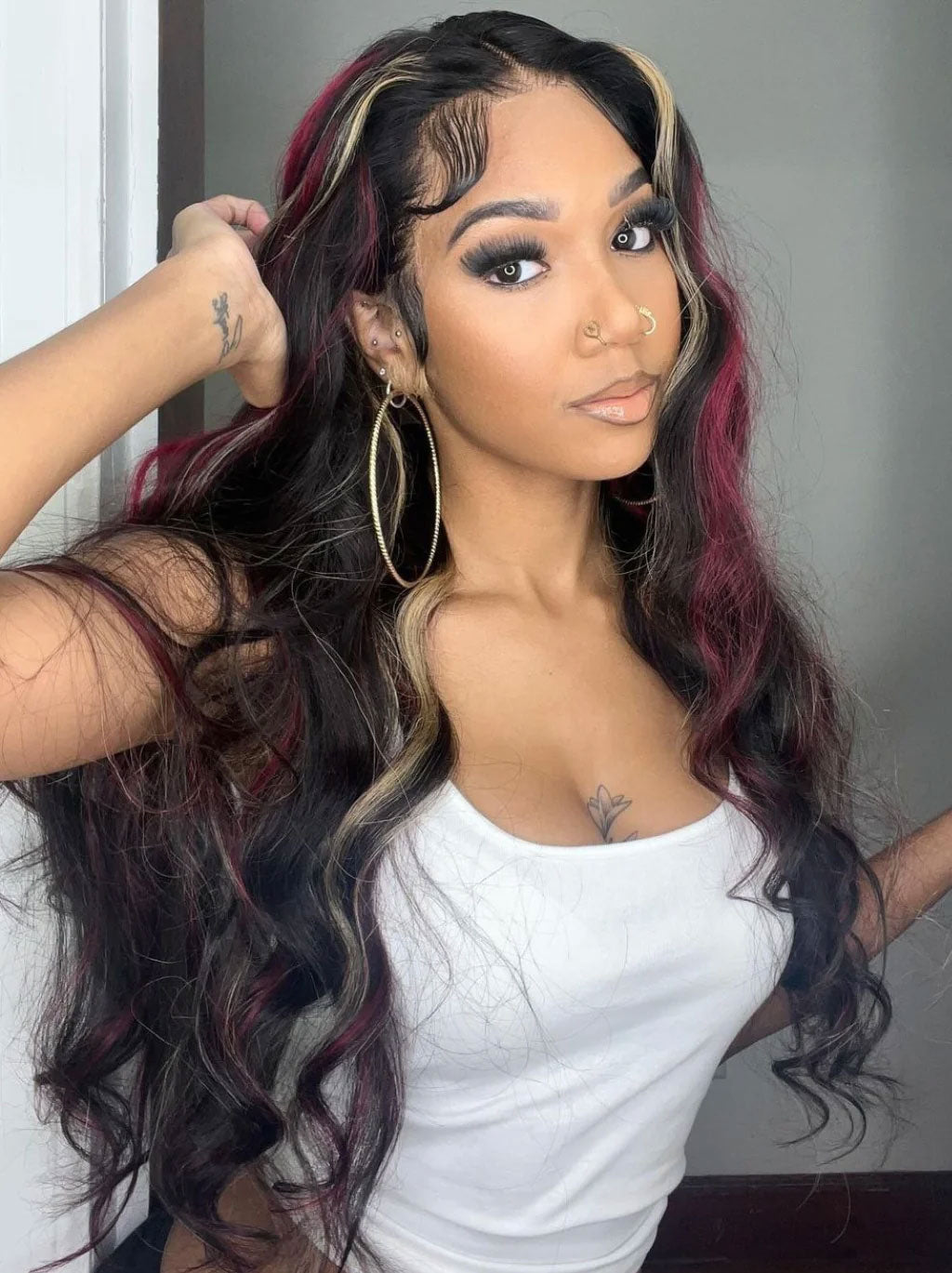 Customized Money Piece Blonde Hair Black Browan and Red Highlight Lace Frontal Wig Human Hair