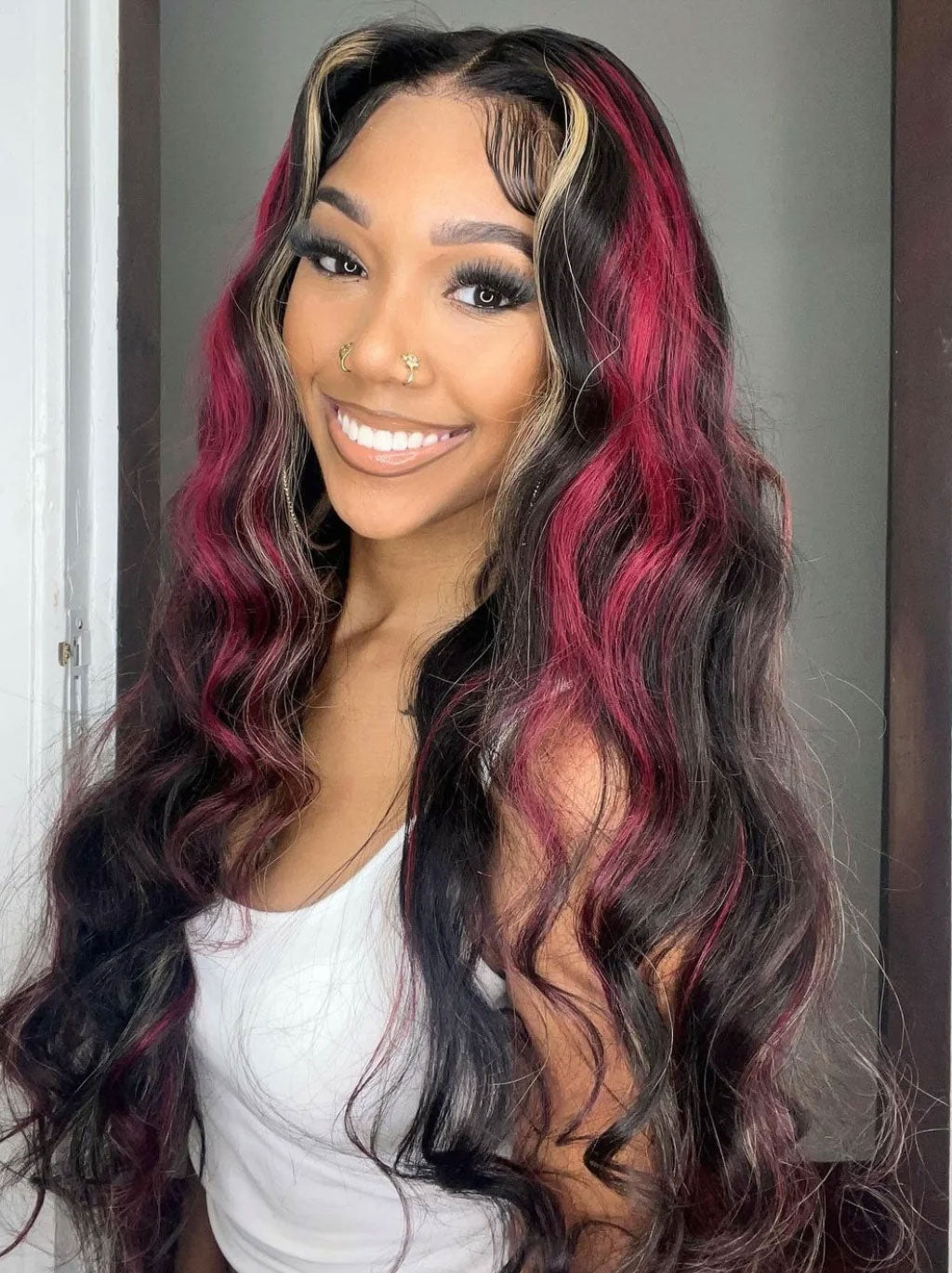 Customized Money Piece Blonde Hair Black Browan and Red Highlight Lace Frontal Wig Human Hair