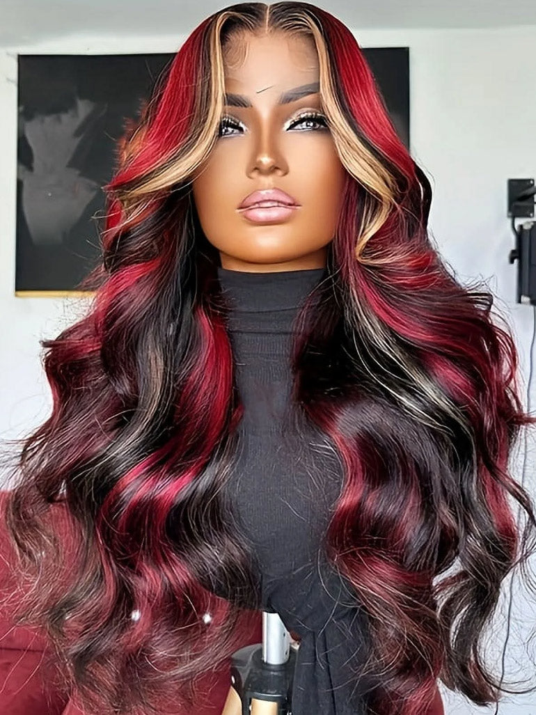 Customized Money Piece Highlight Blonde Burgundy and Brown Color Lace Frontal Wig Human Hair