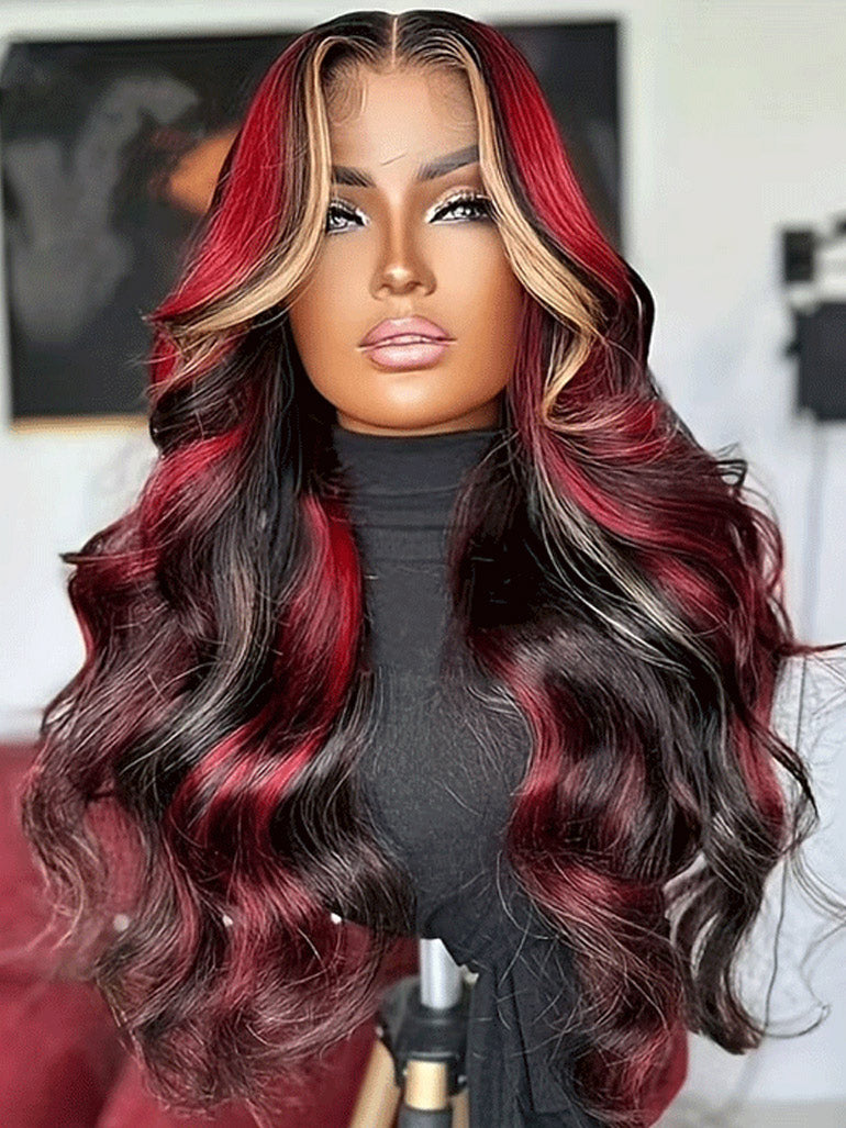 Customized Money Piece Highlight Blonde Burgundy and Brown Color Lace Frontal Wig Human Hair