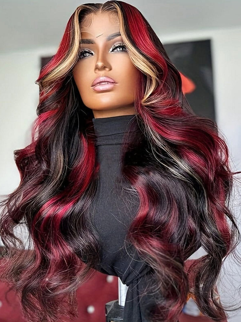 Customized Money Piece Highlight Blonde Burgundy and Brown Color Lace Frontal Wig Human Hair