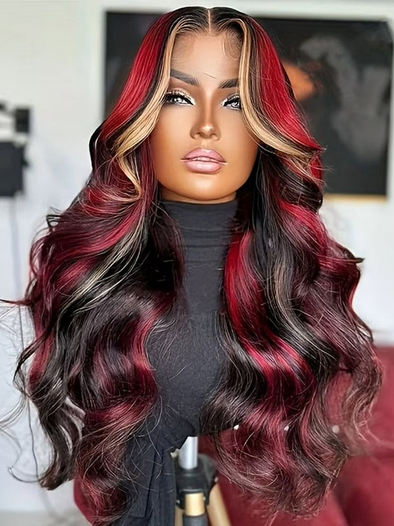 Customized Money Piece Highlight Blonde Burgundy and Brown Color Lace Frontal Wig Human Hair