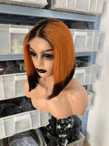 Customized Short Bob Lace Closure Wig Dark Roots Ombre Orange and Brown Color