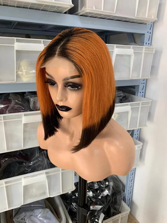 Customized Short Bob Lace Closure Wig Dark Roots Ombre Orange and Brown Color