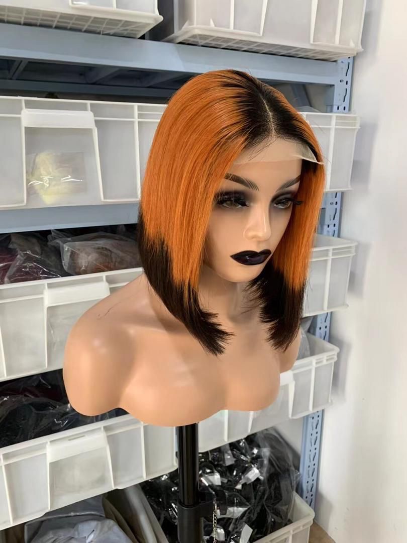 Customized Short Bob Lace Closure Wig Dark Roots Ombre Orange and Brown Color