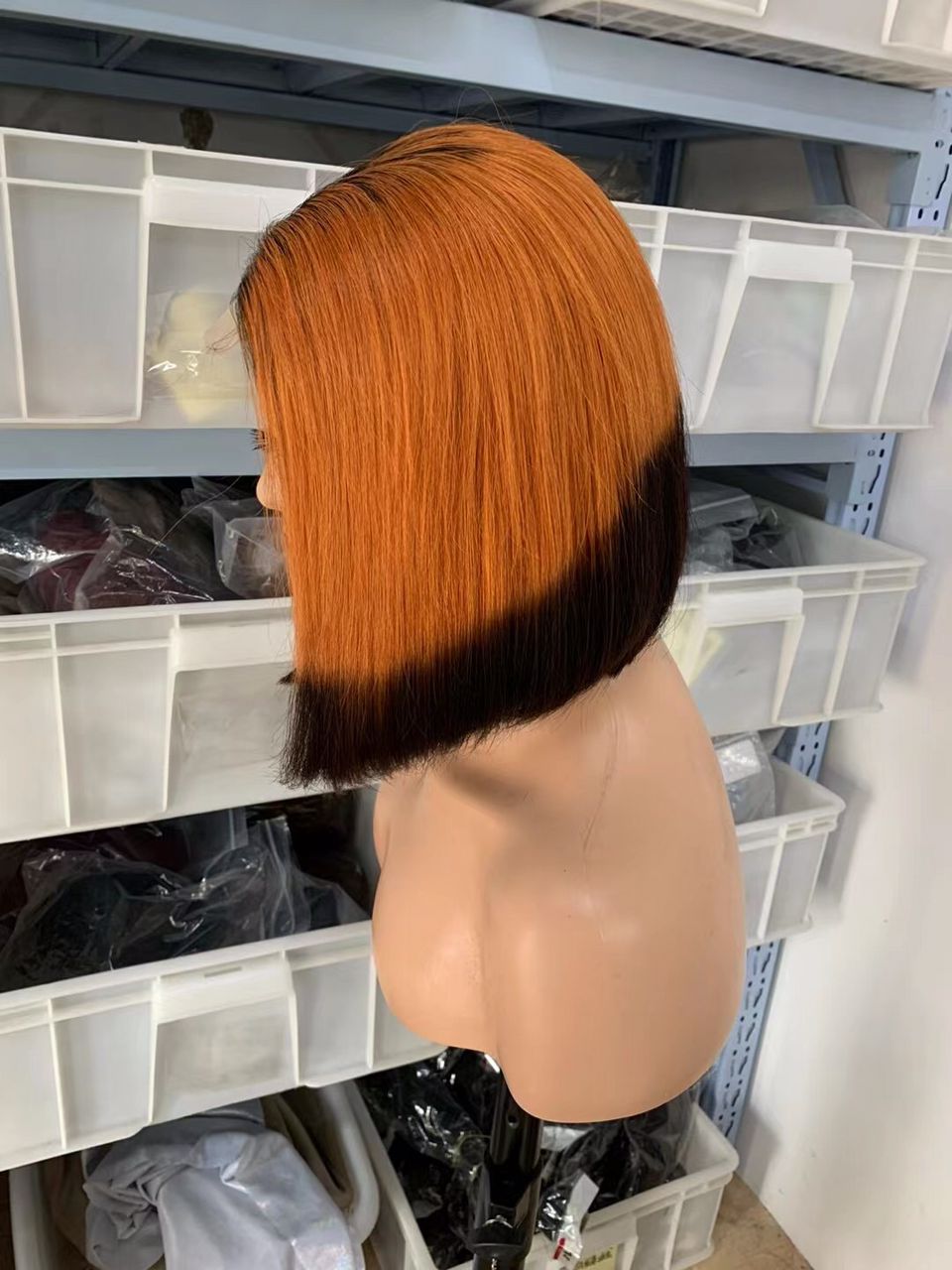 Customized Short Bob Lace Closure Wig Dark Roots Ombre Orange and Brown Color