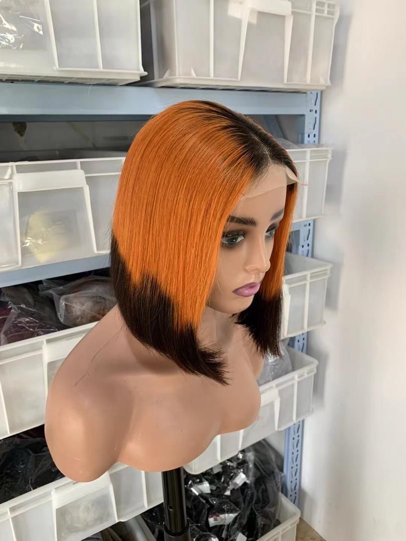 Customized Short Bob Lace Closure Wig Dark Roots Ombre Orange and Brown Color