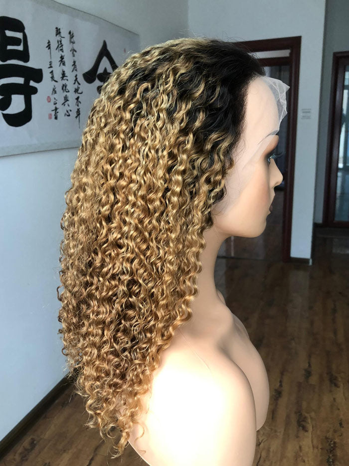 Best Beauty Hair Dark Roots Honey Blonde Color 27 Lace Frontal Wig Jerry Curl Human Hair