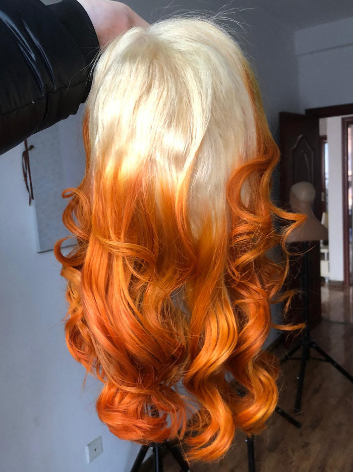 Best Beauty Hair Customized Honey Blonde Ombre Orange Color Lace Frontal Wig Loose Wave