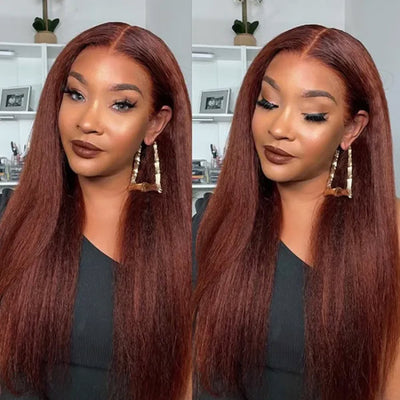 Reddish Brown Kinky Straight Human Hair Transparent Lace Frontal Wig Human Hair