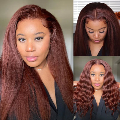 Reddish Brown Kinky Straight Human Hair Transparent Lace Frontal Wig Human Hair