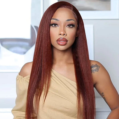 Reddish Brown Kinky Straight Human Hair Transparent Lace Frontal Wig Human Hair