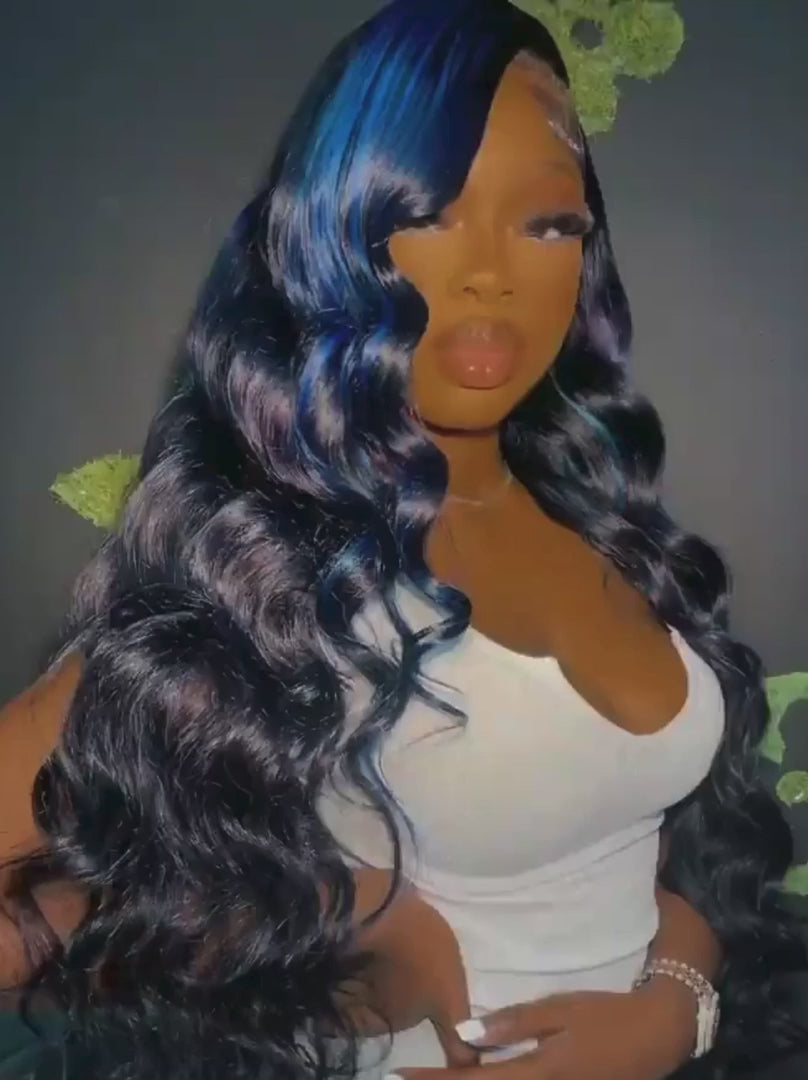 Customized Dark Roots Black Blue Highlight Color Lace Frontal Wig Human Hair