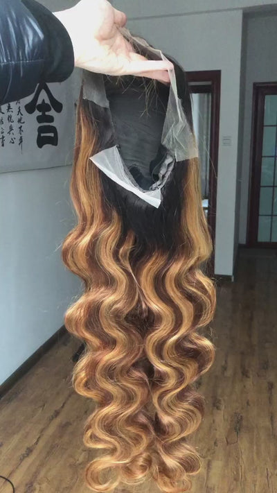 13x4 HD Lace Frontal Wig Dark Roots Ombre Highlight Body Wave Human Hair