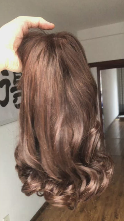 Customized Lace Part Wig with Bangs Loose Wave Brown Color Human Hair