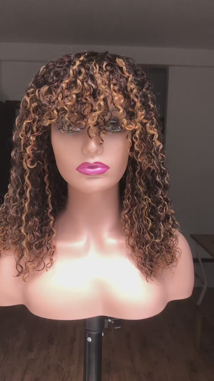 Best Beauty Hair Customized Ombre Highlight Curly No Lace Wig with Bangs