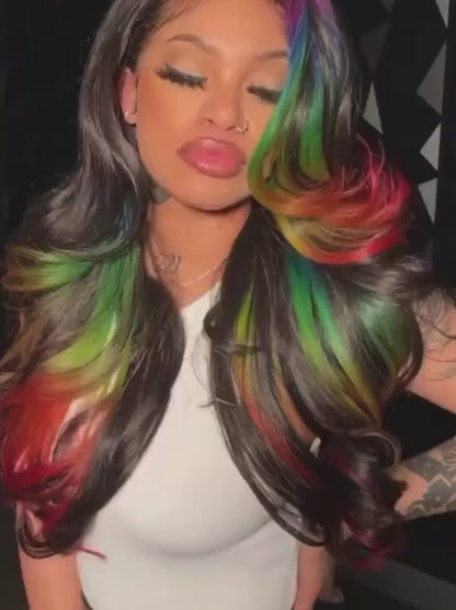 Customized Black with Purple Green Blue Red Multi Color Lace Frontal Wig Human Hair