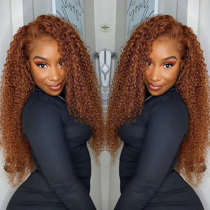 13x4 Transparent Lace Front Wig Red Brown Color #30 Jerry Curly Virgin Human Hair