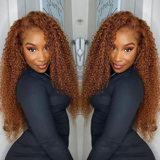 13x4 Transparent Lace Front Wig Red Brown Color #30 Jerry Curly Virgin Human Hair