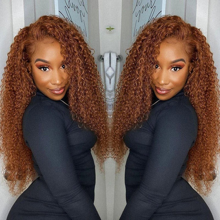 13x4 Transparent Lace Front Wig Red Brown Color #30 Jerry Curly Virgin Human Hair
