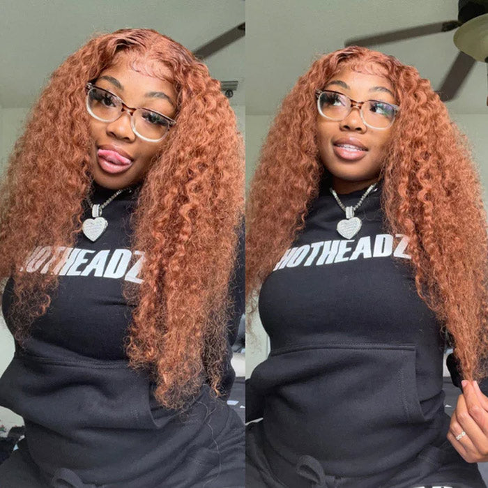 13x4 Transparent Lace Front Wig Red Brown Color #30 Jerry Curly Virgin Human Hair