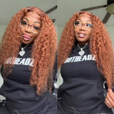 13x4 Transparent Lace Front Wig Red Brown Color #30 Jerry Curly Virgin Human Hair