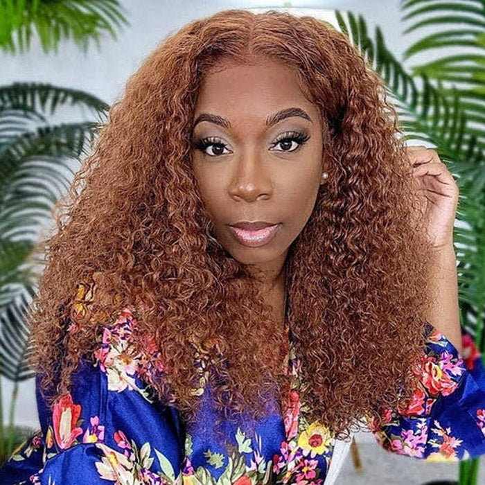 13x4 Transparent Lace Front Wig Red Brown Color #30 Jerry Curly Virgin Human Hair