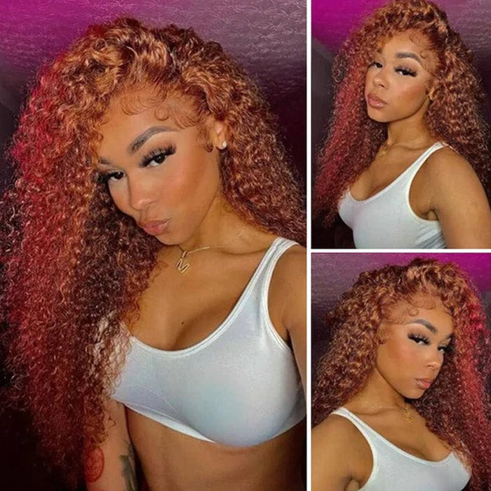 13x4 Transparent Lace Front Wig Red Brown Color #30 Jerry Curly Virgin Human Hair
