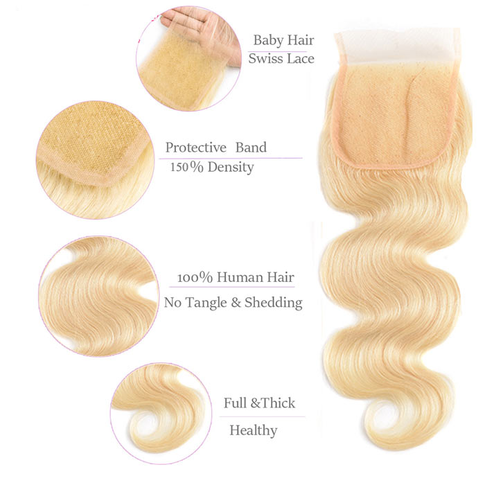 Body Wave Transparent Lace Closure Pre Plucked Honey Blonde Color 613 Free/Middle/Three Part