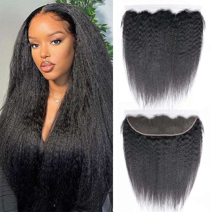 Kinky Straight Ear By Ear Transparent Lace Frontal Yaki Straight Virgin Human Hair