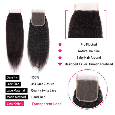 Kinky Straight Ear By Ear Transparent Lace Frontal Yaki Straight Virgin Human Hair