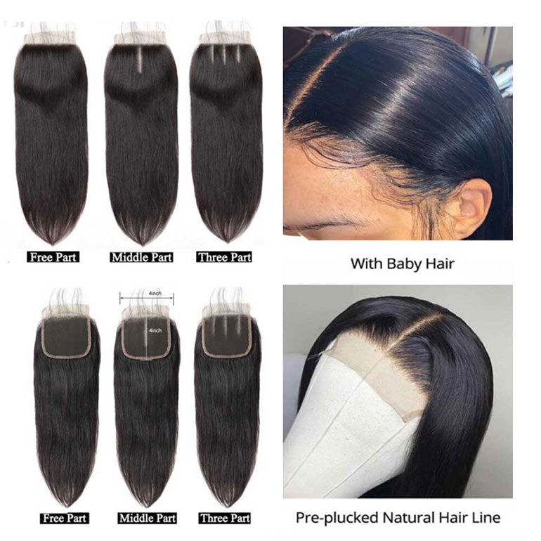 4x4 5x5 6x6 Lace Closure Straight 100% Human Hair 12-22 Inches Free Middle Three Part Closure with Baby Hair