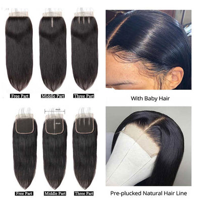 4x4 5x5 6x6 Lace Closure Straight 100% Human Hair 12-22 Inches Free Middle Three Part Closure with Baby Hair