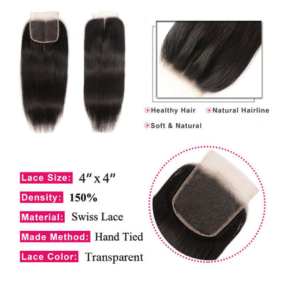 4x4 5x5 6x6 Lace Closure Straight 100% Human Hair 12-22 Inches Free Middle Three Part Closure with Baby Hair