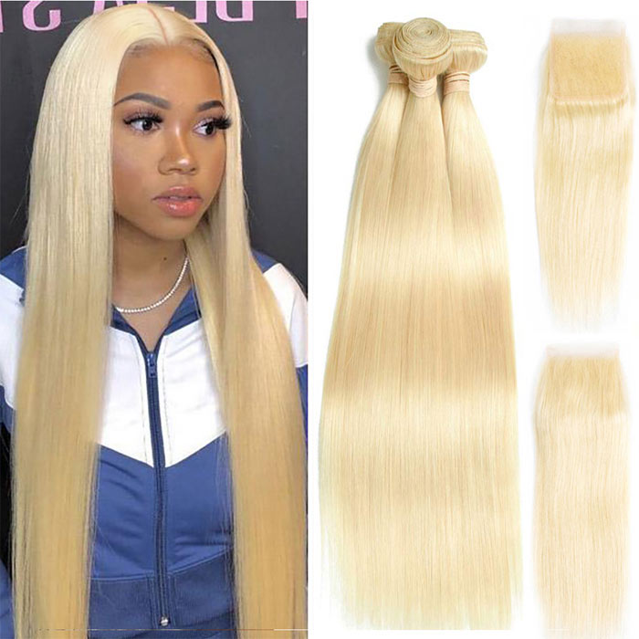 Best Beauty Straight Virgin Hair Bundles with Closure Honey Blonde #613 Transparent Lace Closure