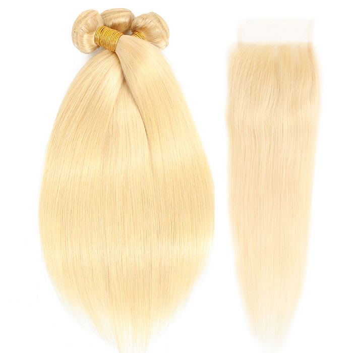 Best Beauty Straight Virgin Hair Bundles with Closure Honey Blonde #613 Transparent Lace Closure