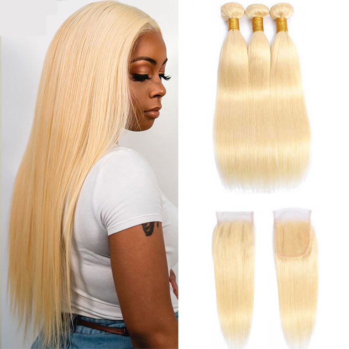 Best Beauty Straight Virgin Hair Bundles with Closure Honey Blonde #613 Transparent Lace Closure