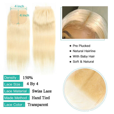 Best Beauty Straight Virgin Hair Bundles with Closure Honey Blonde #613 Transparent Lace Closure