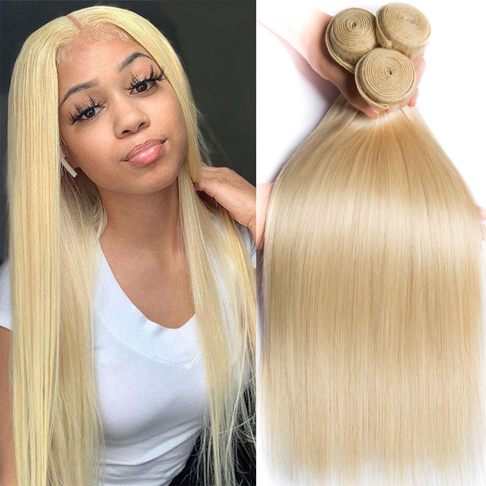 Best Beauty Straight Virgin Hair Bundles with Closure Honey Blonde #613 Transparent Lace Closure