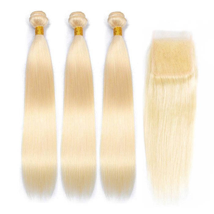 Best Beauty Straight Virgin Hair Bundles with Closure Honey Blonde #613 Transparent Lace Closure