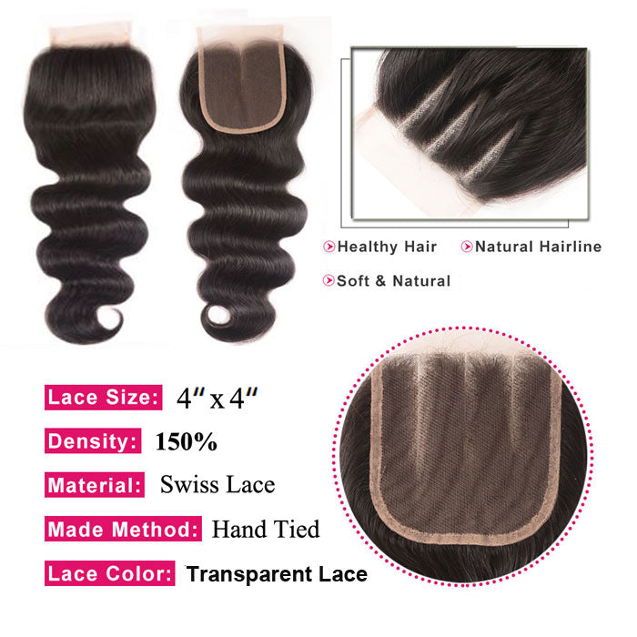 Body Wave Transparent Lace Closure 4x4 5x5 6x6 Virgin Human Hair 12"-22" Closure with Baby Hair